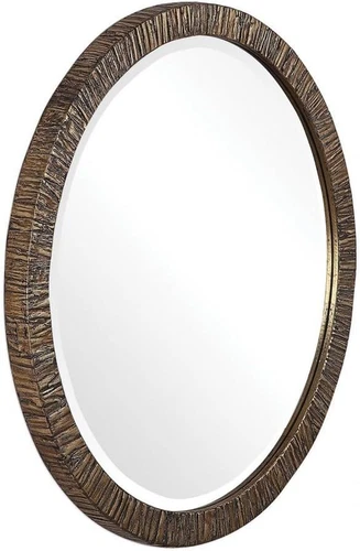 Wayde 30" Round Distressed Metallic Gold Wood Wall Mirror by - Picture 3 of 6