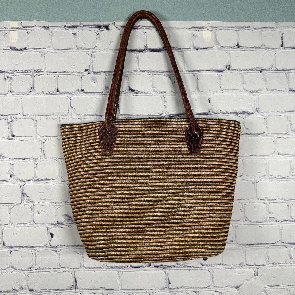 Bolso de Mano Eric Javits Rayas Negro y Beige Cuero Paja Foto 2 de 4