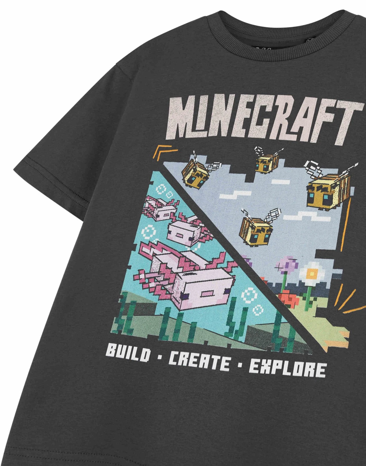 Minecraft Grey Build Create Explore Short Sleeved T-Shirt Girls