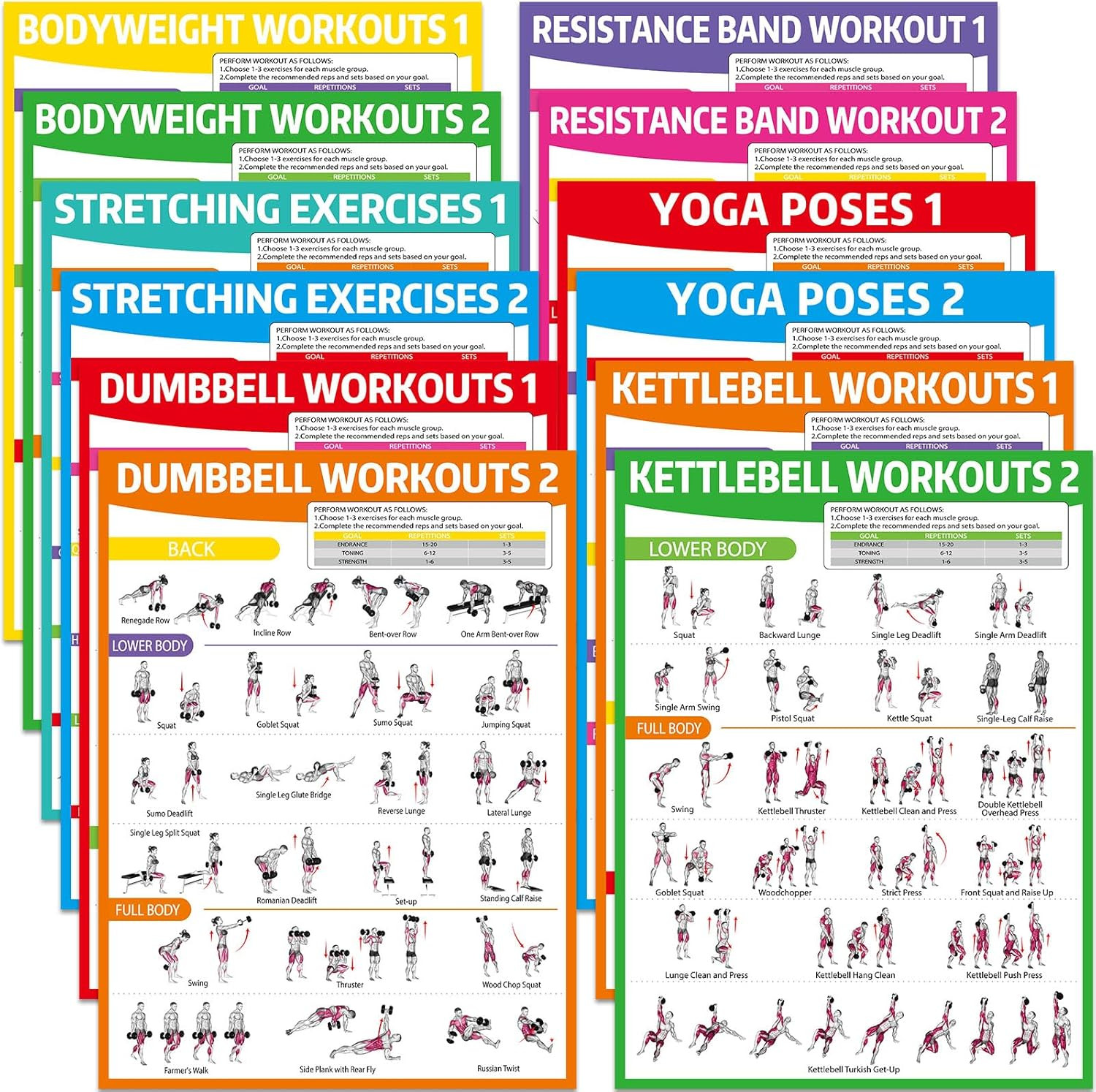 12PCS Home Gym Workout Posters &ndash; Dumbbells, Bodyweight, Resistance Bands, Yoga