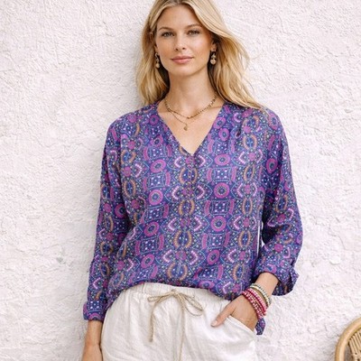 MATTA New York Silk V-neck Blouse Back Keyhole Blue Purple size Medium