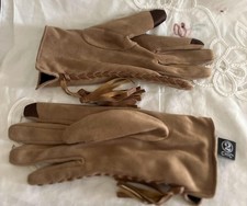 Vintage Ladies 2 Chic Tan Suede Gloves with Leather Lacing and Tassels Size Med