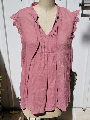 Perch by Blu Pepper Womens Top Pink Sleeveless Lace Trim Cottage Boho 