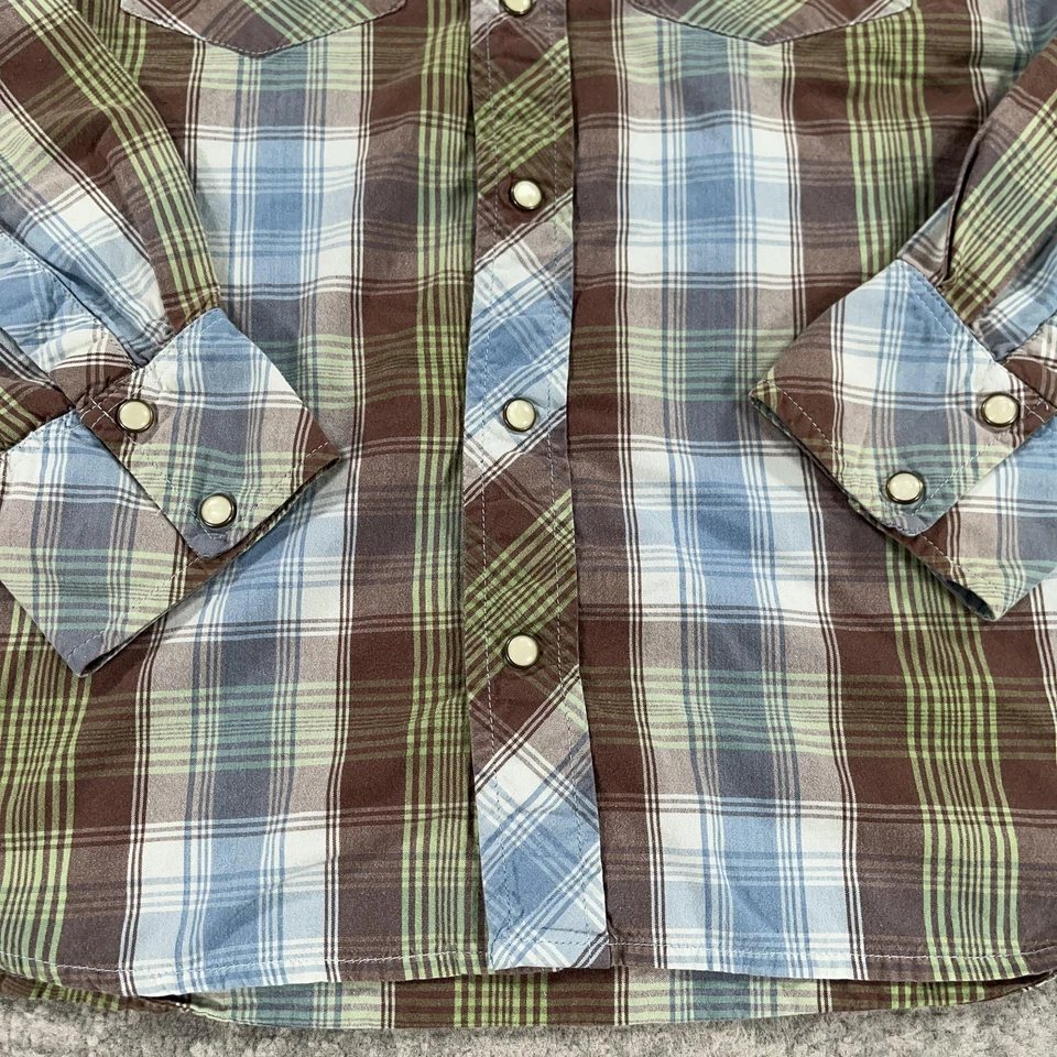 Fossil Western Shirt Mens Small S Brown Green Blue Plaid Pearl Snap Long Sleeve - Image 3 of 4