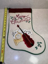 Merry Christmas Stocking Music Theme Notes Cello Trumpet 17” Long x 11” Wide
