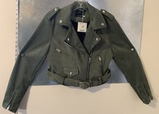 Giacca Bershka Olive Eco-Suede Pelle Cropped Moto Biker Metallizzata M NUOVA con etichetta 