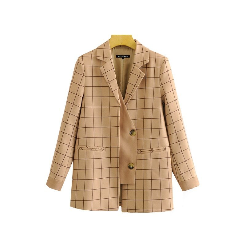 Vintage Stylish Patchwork Plaid Blazer Coat Women 2020 Fashion Notched Collar