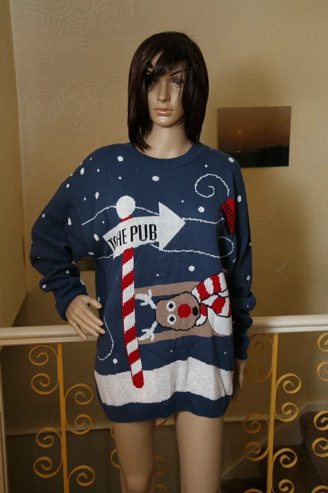 NEW Mens Christmas Jumper To The Pub. Double Sided. Dark Blue
