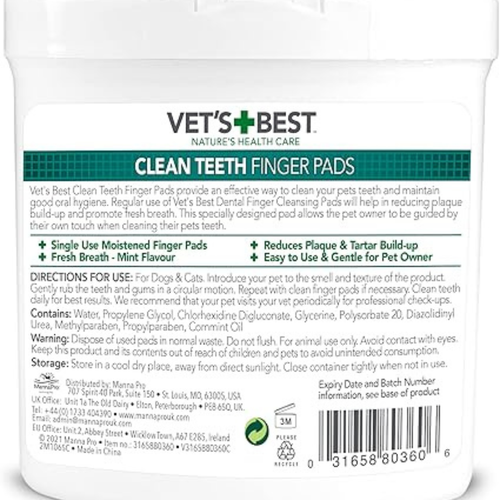 Vet's Best Dental Care Finger Wipes Reduce Plaque Freshens Breath Teeth Clean UK - Picture 2 of 6