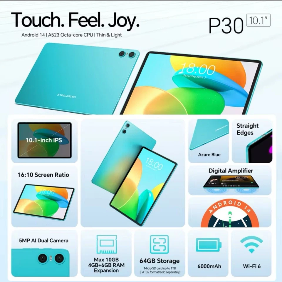 Tablette Android 14, 10.1”, 10Go RAM, 64Go ROM, Wi-Fi 6, Face Unlock - Photo 2/4