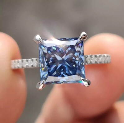 3 Ct Blue Princess Cut Moissanite Solitaire Engagement Ring Solid 14K White Gold