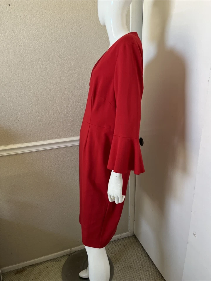 Vestido Vaina TRINA TURK Rojo Brillante BEGONIA Tejido Rayón Cuello en V Manga Campana Talla 12 Foto 3 de 4