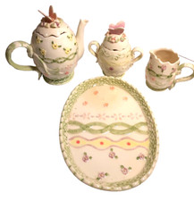 Vintage Easter Tea Set 6 Piece Eggs Butterflies Flowers Porcelain