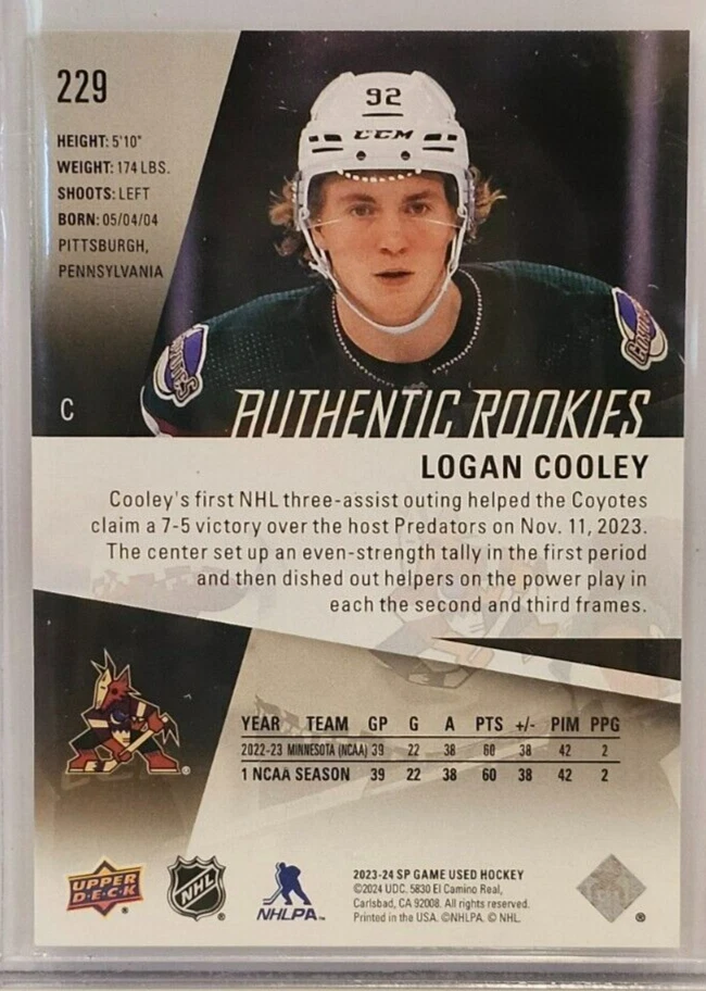 Logan Cooley 2023-24 Upper Deck SP Game Used Authentic Rookies Gold 60/122 - Image 2 of 2