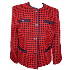 Tan Jay Women Red Navy Plaid Blazer Jacket Size 10 Vintage Classic Nice Waist