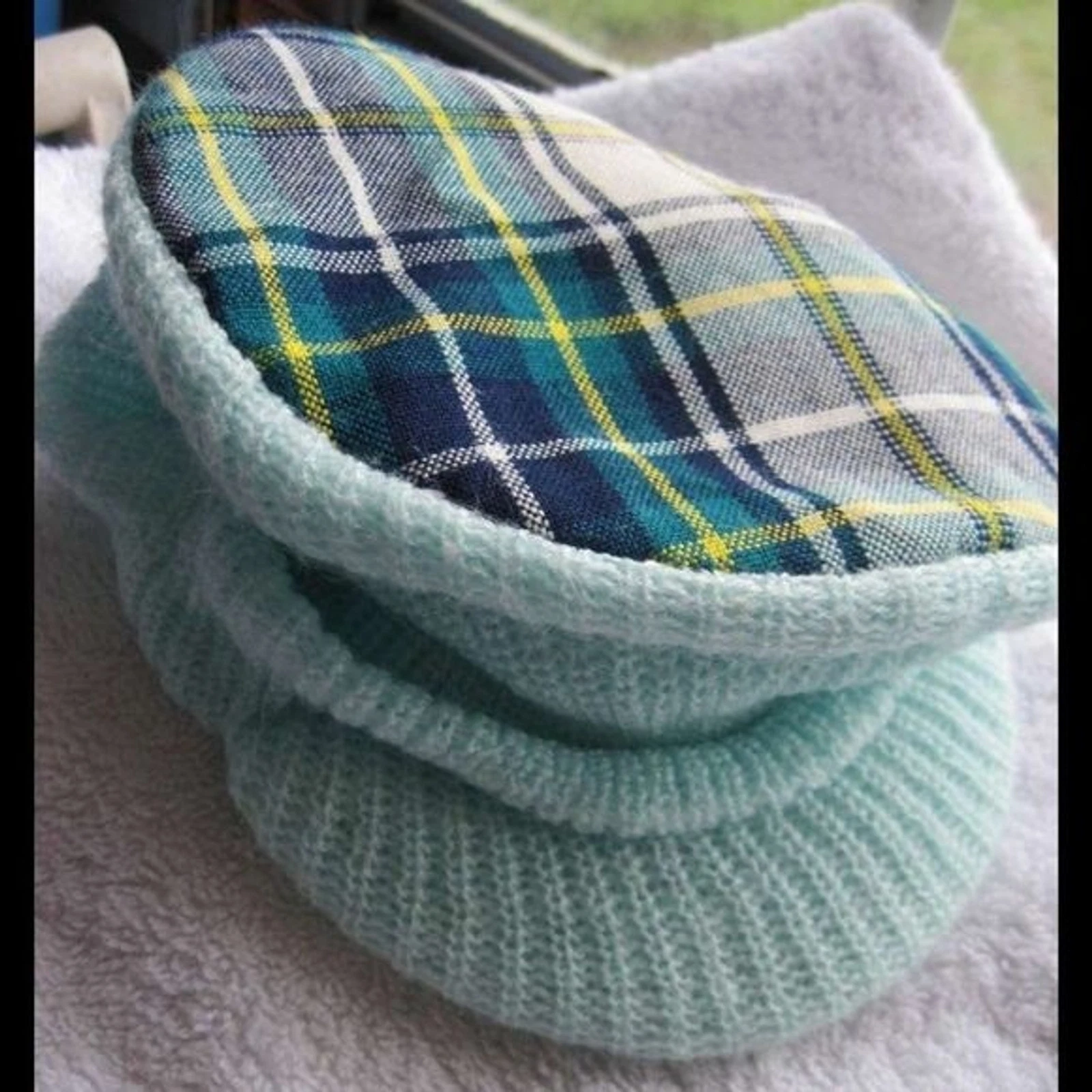 Light Mint Green Soft Knit Plaid Conductor Fatigue Baby Cap Hat Acrylic Preowned