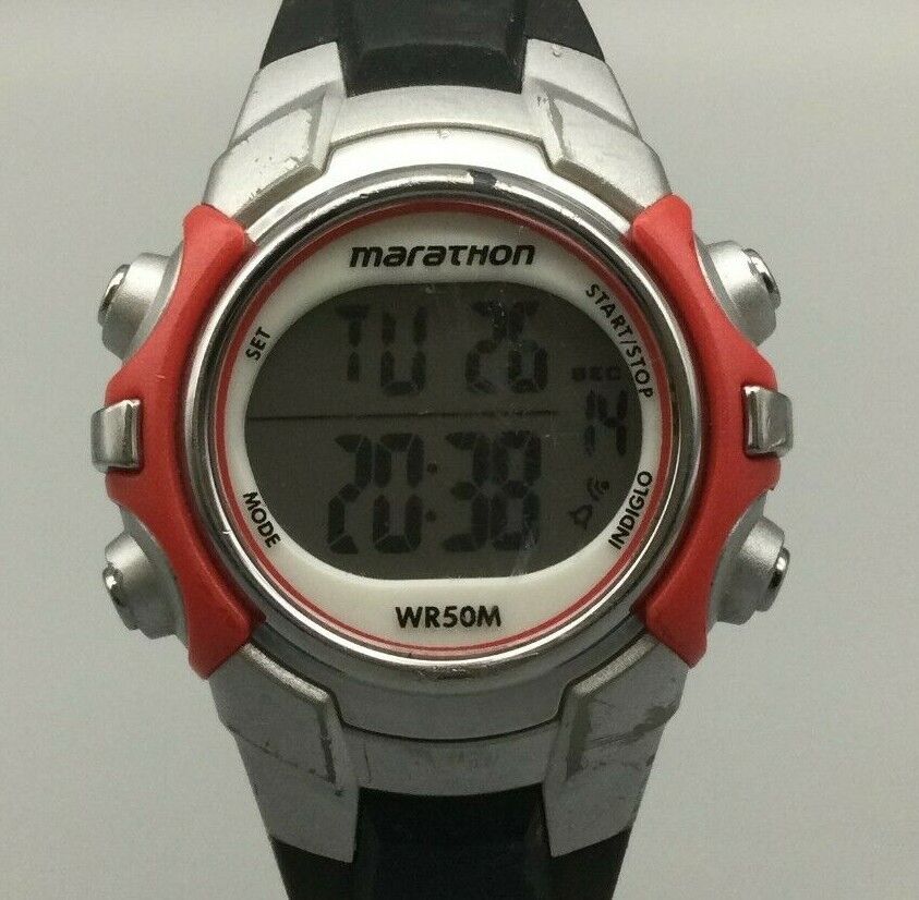 Timex Marathon Digital Watch Unisex Red Gray Day Date Timer Indiglo New Battery 