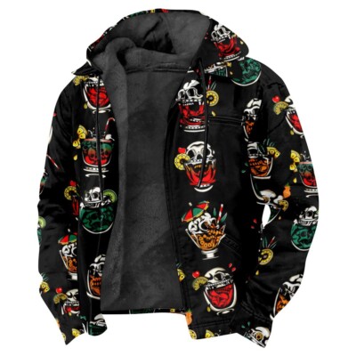 Men's Skull Printed Fleece Lined Hoodie Sweater Casual Hooded Zip Jacket Warm