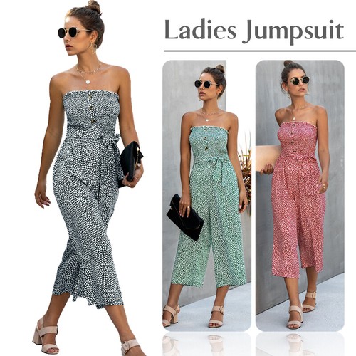 Womens Floral Printed Bandeau Jumpsuit Summer Wide Leg Playsuit Trousers S-2XL