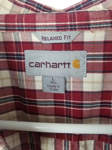 Carhartt Mens L Tall Button Front Shirt Short Sleeve Red Tan Plaid Pocket A21 - Picture 5 of 5