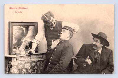Cigar-Smoking Man at French Barber Shop ''La Barbe'' Antique Postcard ~1900s