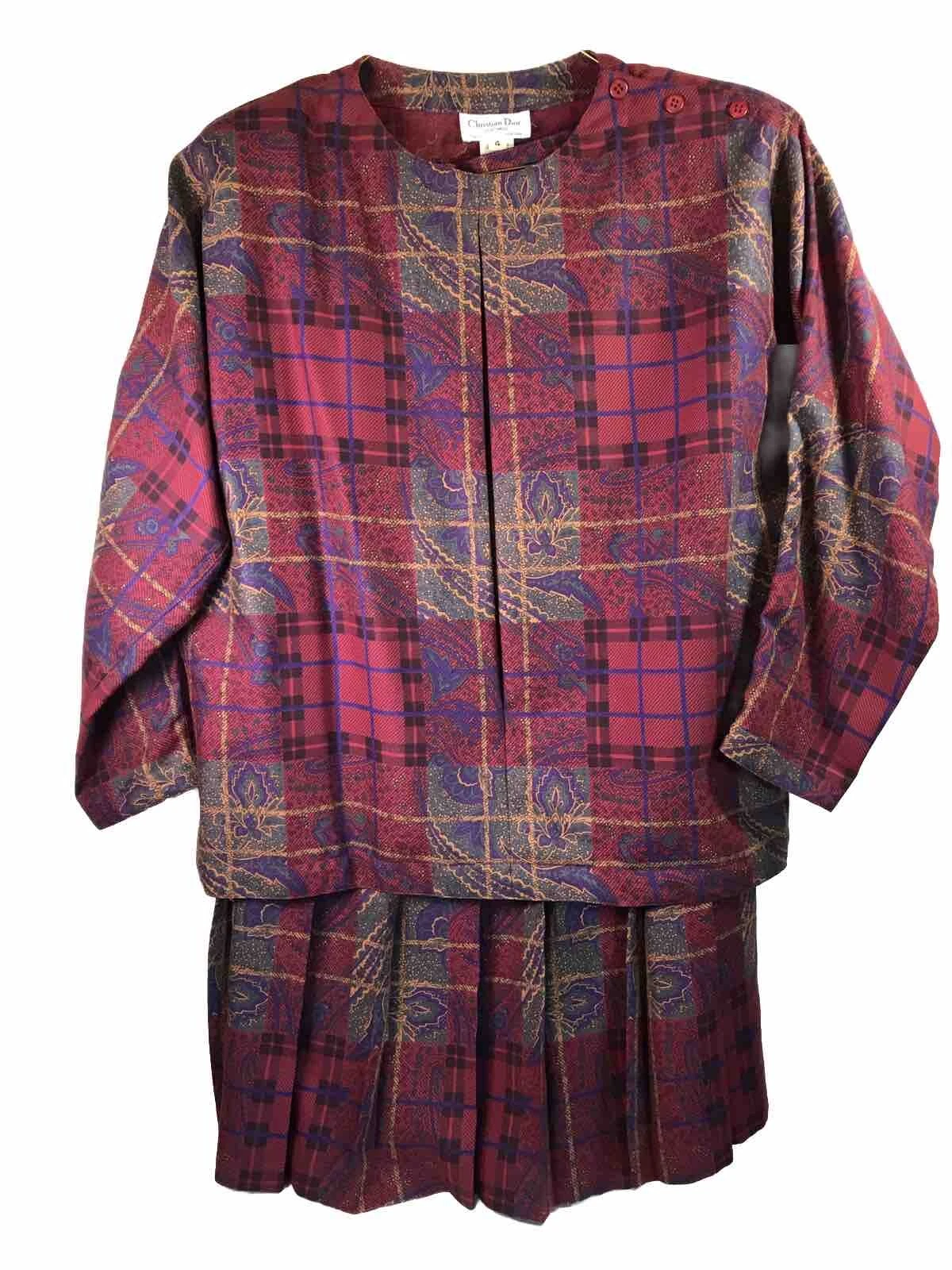 Tuta gonna vintage Christian Dior donna taglia 4 8 a quadri paisley lana 2 pezzi abbigliamento sportivo