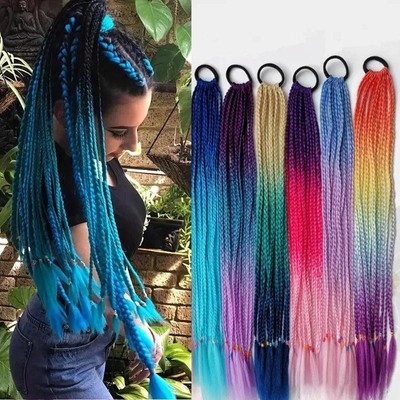 24Inch Synthetic Gradient  Colored Braided Ponytail Hair Extension Elastic Rubbe