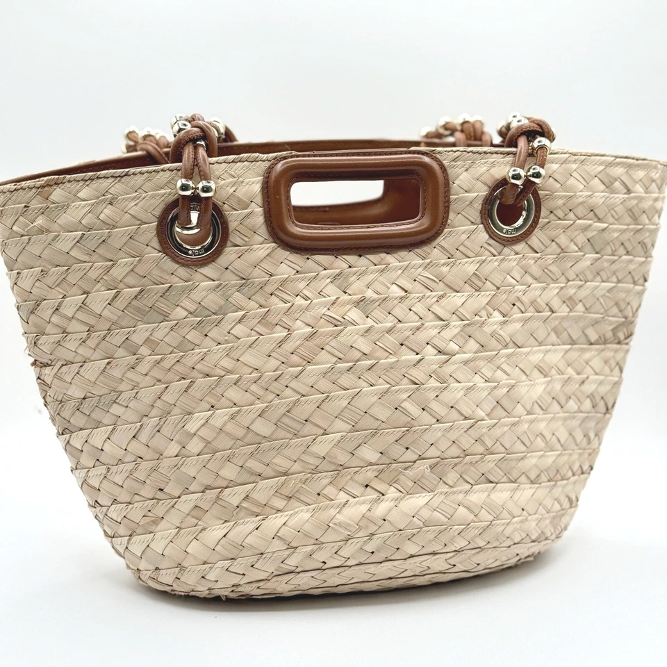 MAJE Raffia Woven Palm Market Tote Leather Handles Shoulder Bag - Image 4 of 4