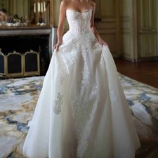 Classic Glitter Lace Floor-length Wedding Dress Backless Strapless Bride Gown