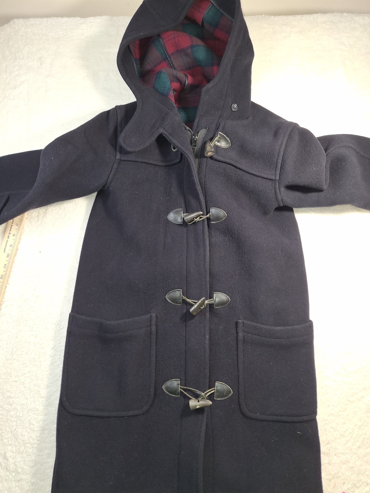 Brooks Brothers Women's Navy Blue Wool Duffle Coat Hooded Plaid Lined Toggle S