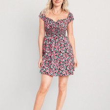Old Navy Floral Mini Dress Womens Small Pink Black Empire Waist Fit Flare Summer