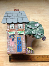 HANDPAINTED BRICK DOOR STOP HOME w/TREE BIRDHOUSE FLAG FLOWERS CHIMNEY FOLKSY