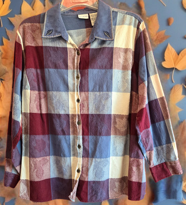 Vintage White Stag Plus Women's 22W/24W Autumn Fall Leaves Plaid Button-Up Shirt