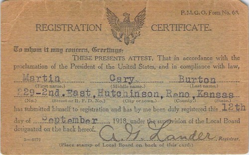 1918 WW I REGISTRATION HUTCHINSON KANSAS