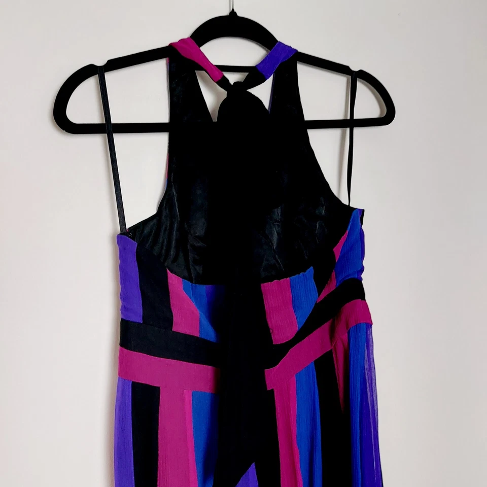 Coast Black Pink Purple Blue Striped Silk Knee-length Halterneck Dress Size 12 - Image 3 of 4