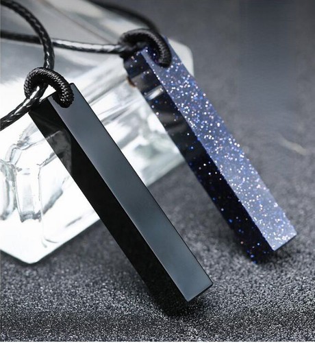 Natural crystal black obsidian rectangle necklace pendant bead rope chain - Picture 6 of 8