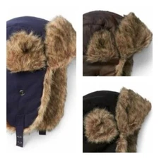 Gap Mens Black Navy Camo Faux Fur Trapper Lined Hat S/M L/XL $40 NWT