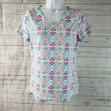 Talbots Womens Printed Tee Sz Medium Pink Green Short Sleeve Cotton Blend