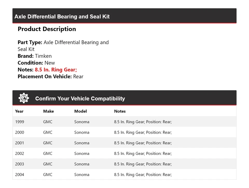 Kit de cojinete y sello diferencial de eje trasero Timken 2000 para GMC Sonoma 1999-2004 Foto 2 de 3