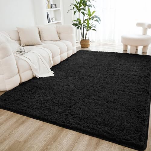 5x8 Fuzzy Area Rug for Living Room Bedroom Fluffy Shag Furry 5x8 feet Black - Afbeelding 1 van 7
