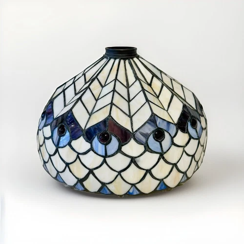 Antique Tiffany Style Stained Glass Lamp Shade Rare 3D Fan Shape Peacock Design
