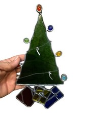 Vintage Stained Glass Christmas Tree with Presents Candle Sun Catcher Ornament
