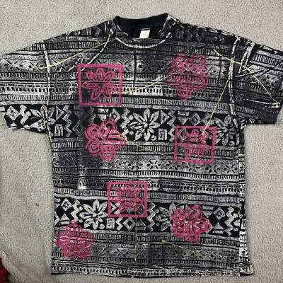 Vintage Aztec Floral Pattern T Shirt Painted Print Honors Plus Size 2XL