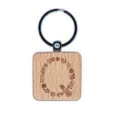 Elegant Botanical Floral Letter Q Engraved Wood Square Keychain Tag Charm