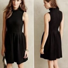 GANNI S Anthropologie Black Textured Ruffle High Neck Fit Flare Sleeveless Dress