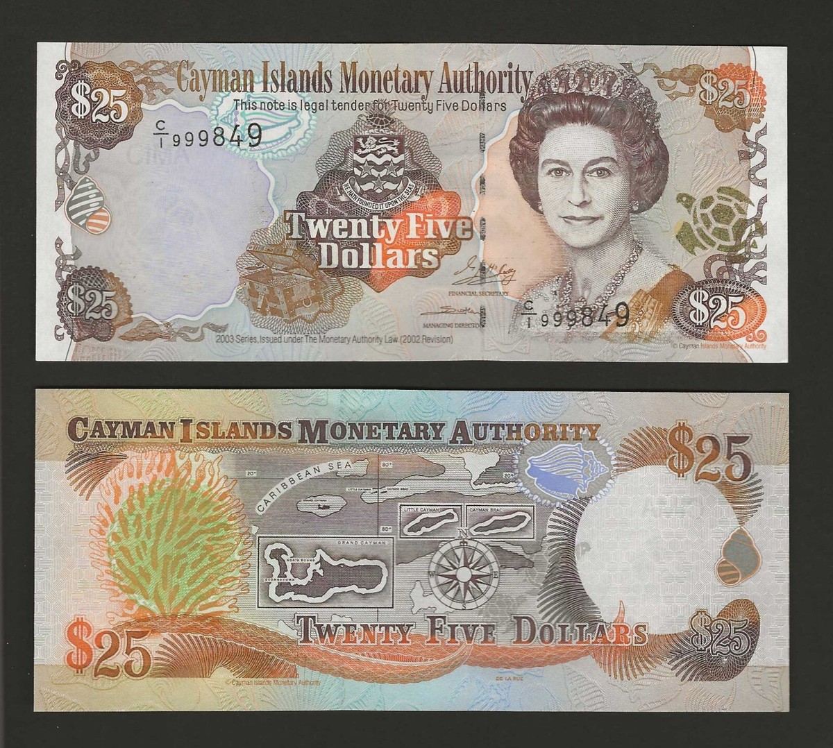 ケイマン諸島 25 ドル 未流通。2010 年 QEII 紙幣 25 ケイマン ドル