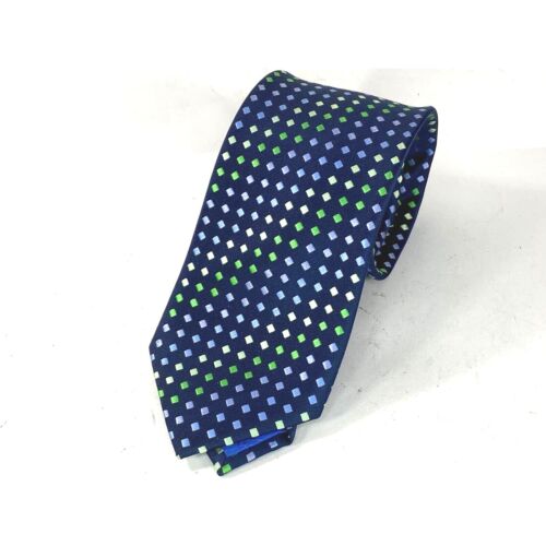 T. M. Lewin Men's Necktie Navy Green Diamond Embroidered 100% Silk 0185 - Picture 1 of 6