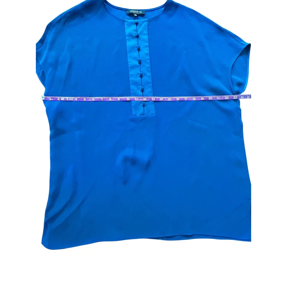 Lafayette 148 New York Royal Blue Silk Button-Up Short Sleeve Top Blouse - Image 4 of 4