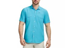 NEW Mens IZOD SALTWATER Short Sleeve SHIRT SUNSHIELD BLUE L