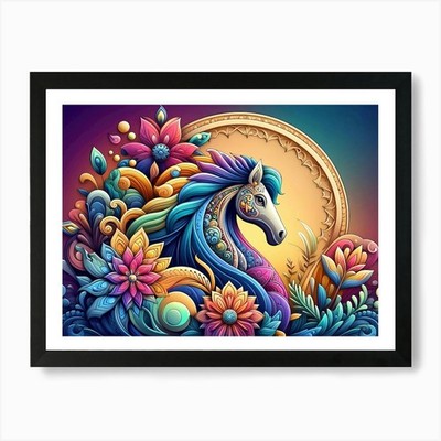 Buntes Pferd mit Blumen 1 Kunst P gerahmtes Wandbild Poster Leinwanddruck Bild